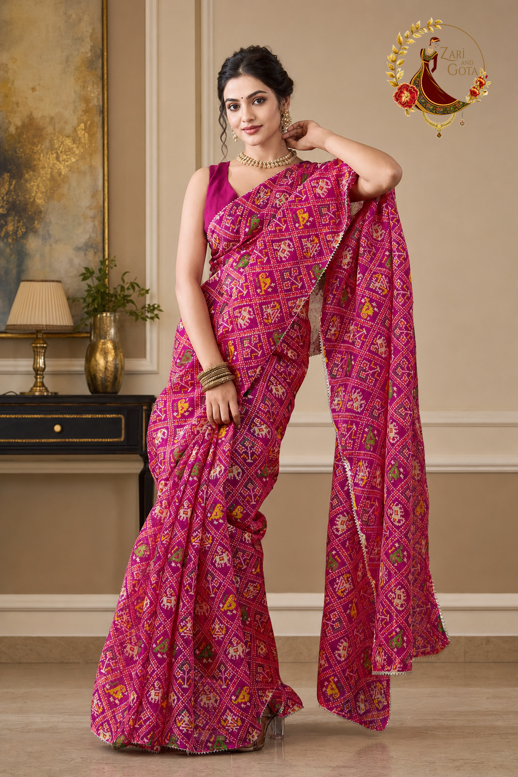 Rani pink patola print kota doria saree with the pallu held out