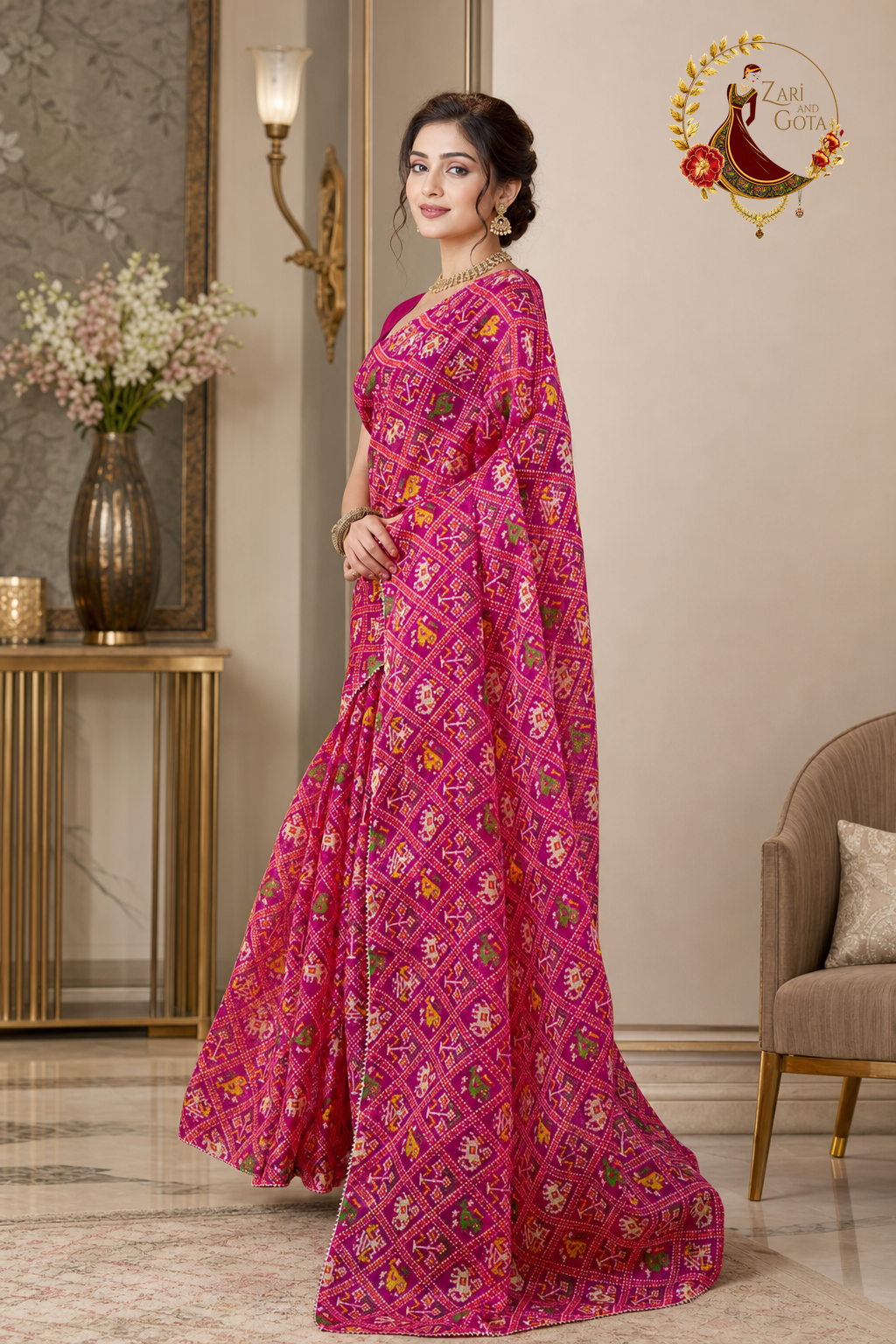 Side view of the rani pink kota doria patola print saree drape