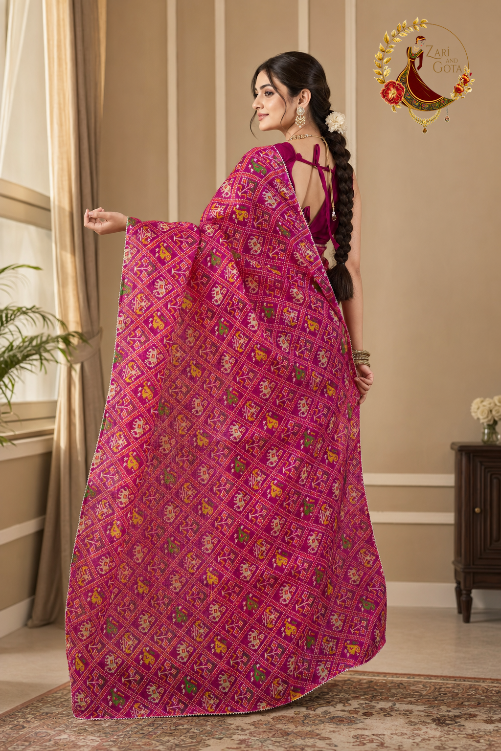 Back view of the rani pink kota doria saree showing the full pallu