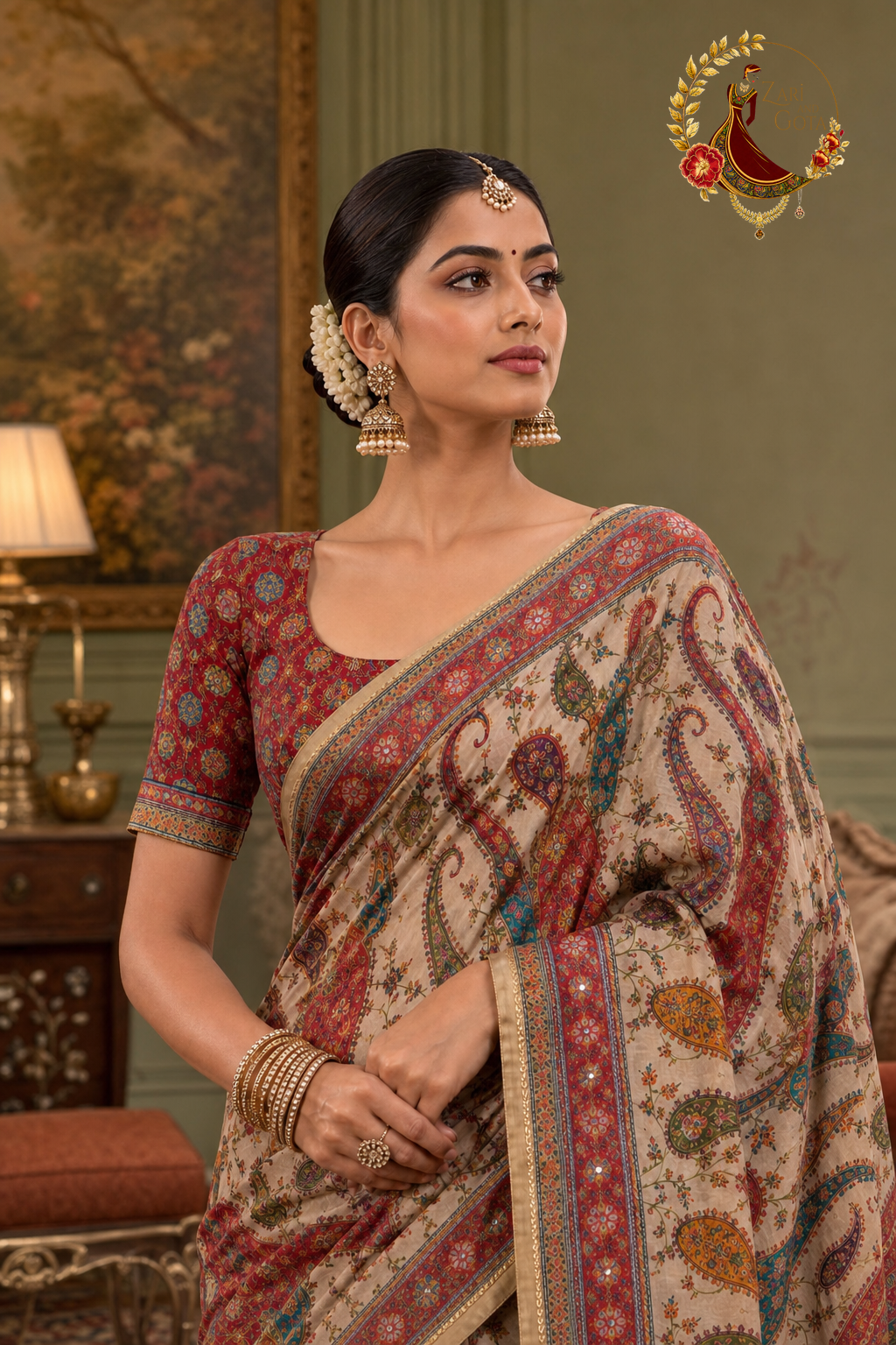 Close view of multicoloured paisley print georgette saree with red blouse