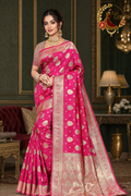 Rani pink Dola silk Banarasi zari saree worn by a model, full length front view