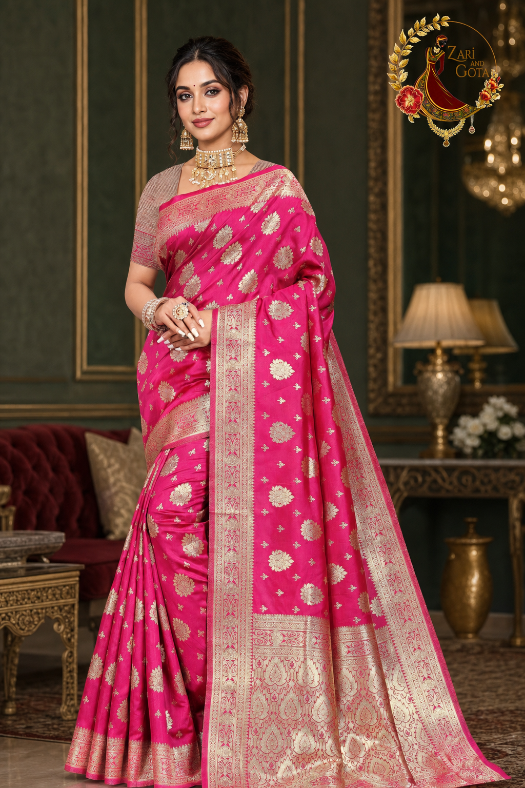 Rani pink Dola silk Banarasi zari saree worn by a model, full length front view