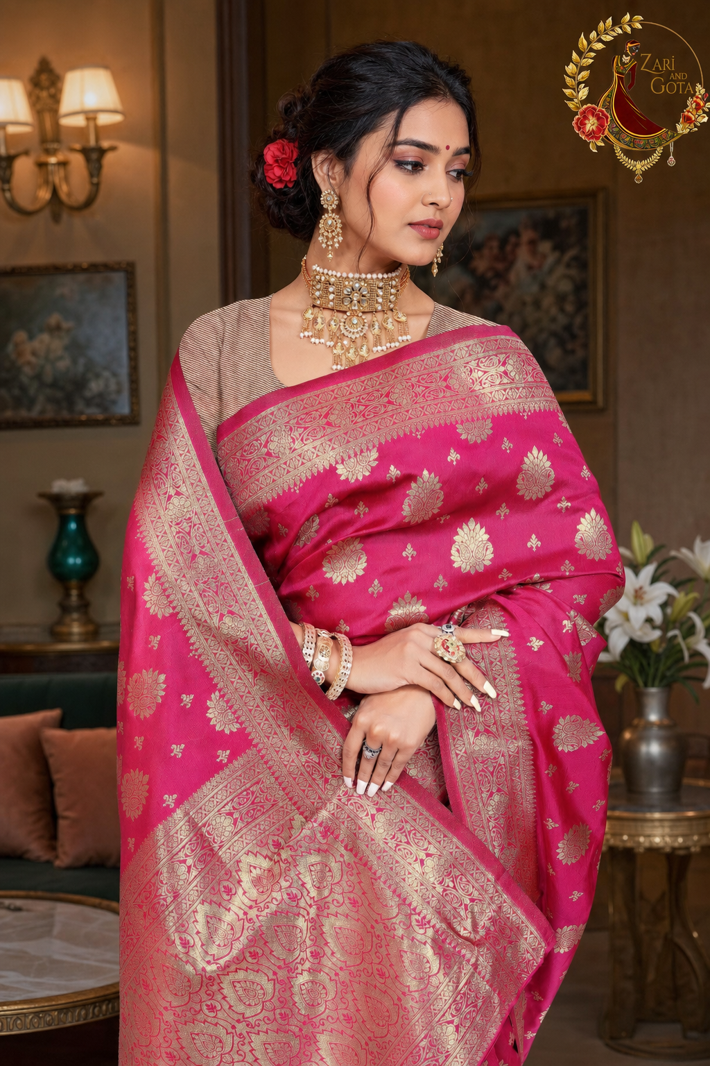 Close view of the gold zari floral motifs and border on the rani pink Dola silk saree