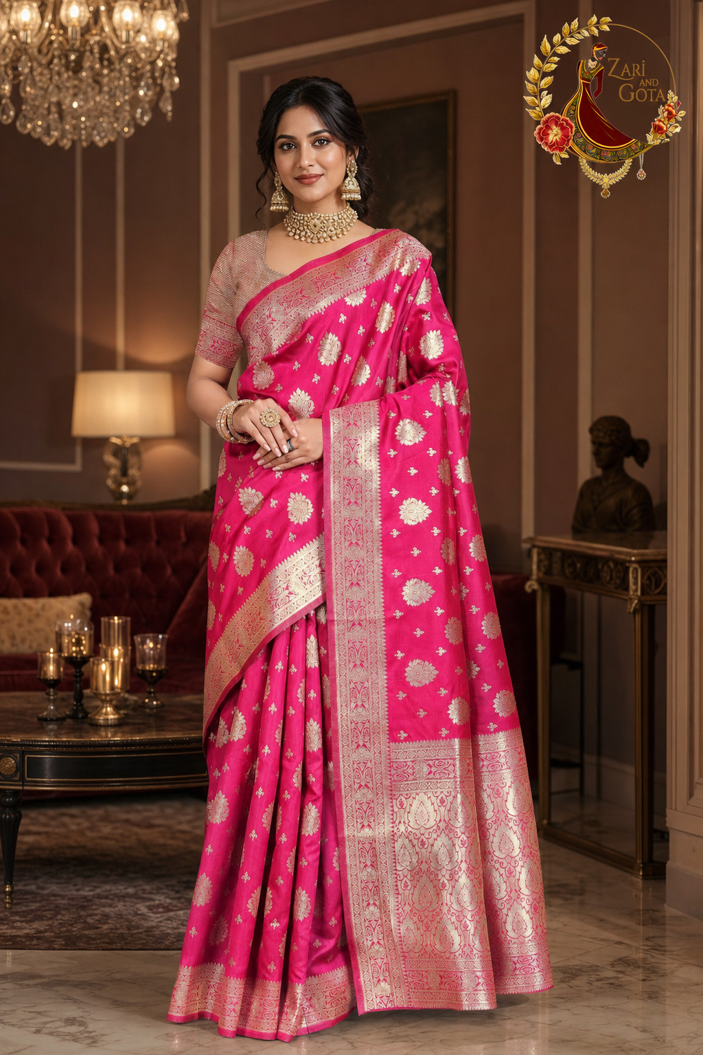 Rani pink Banarasi zari saree with contrast gold blouse, front view on a model