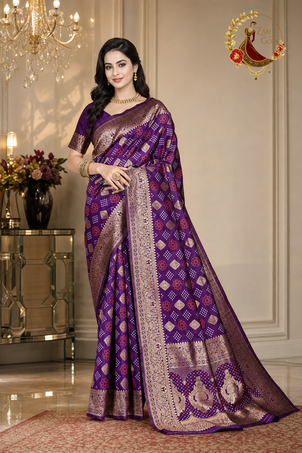 Deep purple Banarasi silk saree with woven gold zari lattice, worn by a model