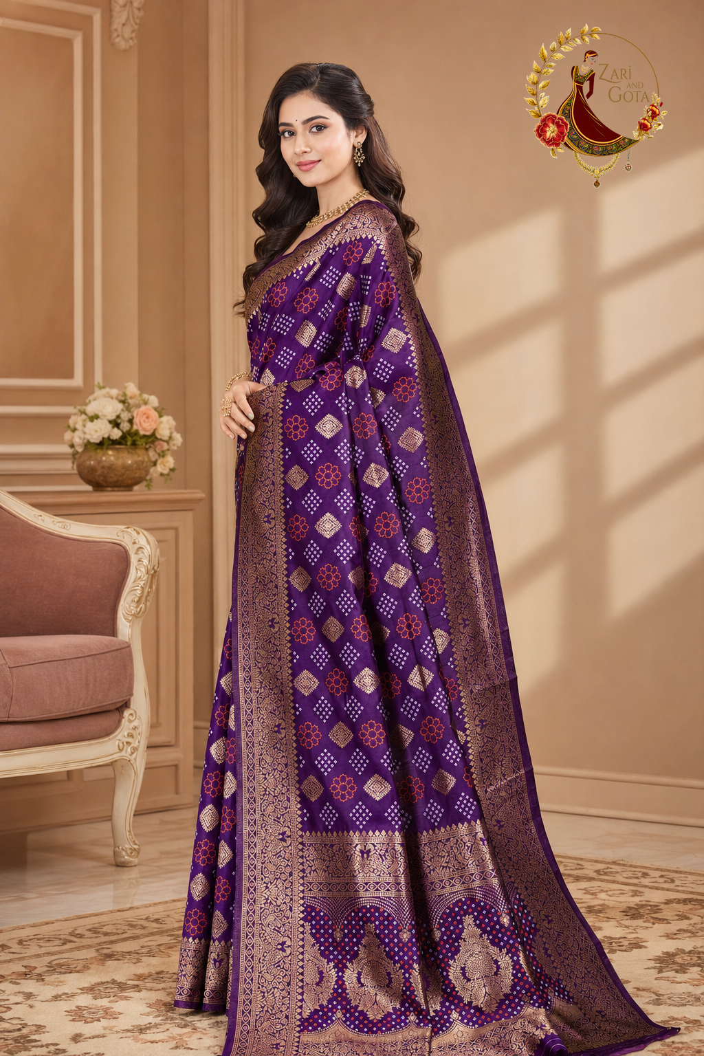 Side view of the purple Banarasi saree showing the gold zari border