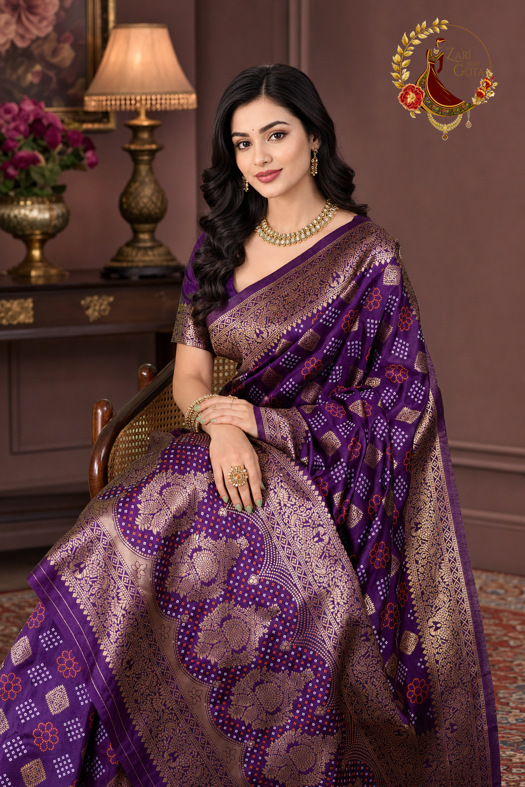 Close view of the gold zari diamond lattice and ivory dot fill on purple silk