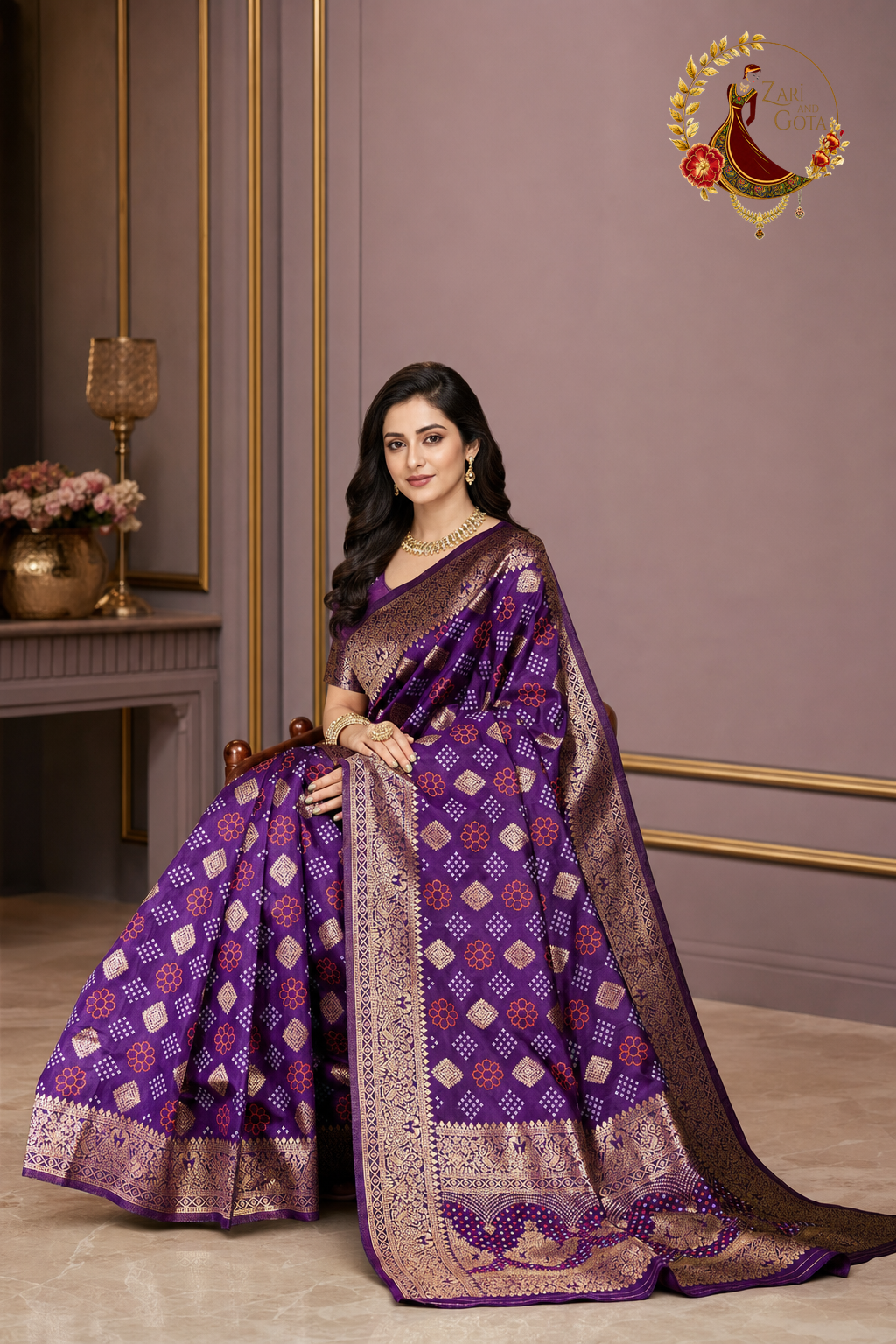 Deep purple Banarasi silk saree seated, showing the drape and pallu