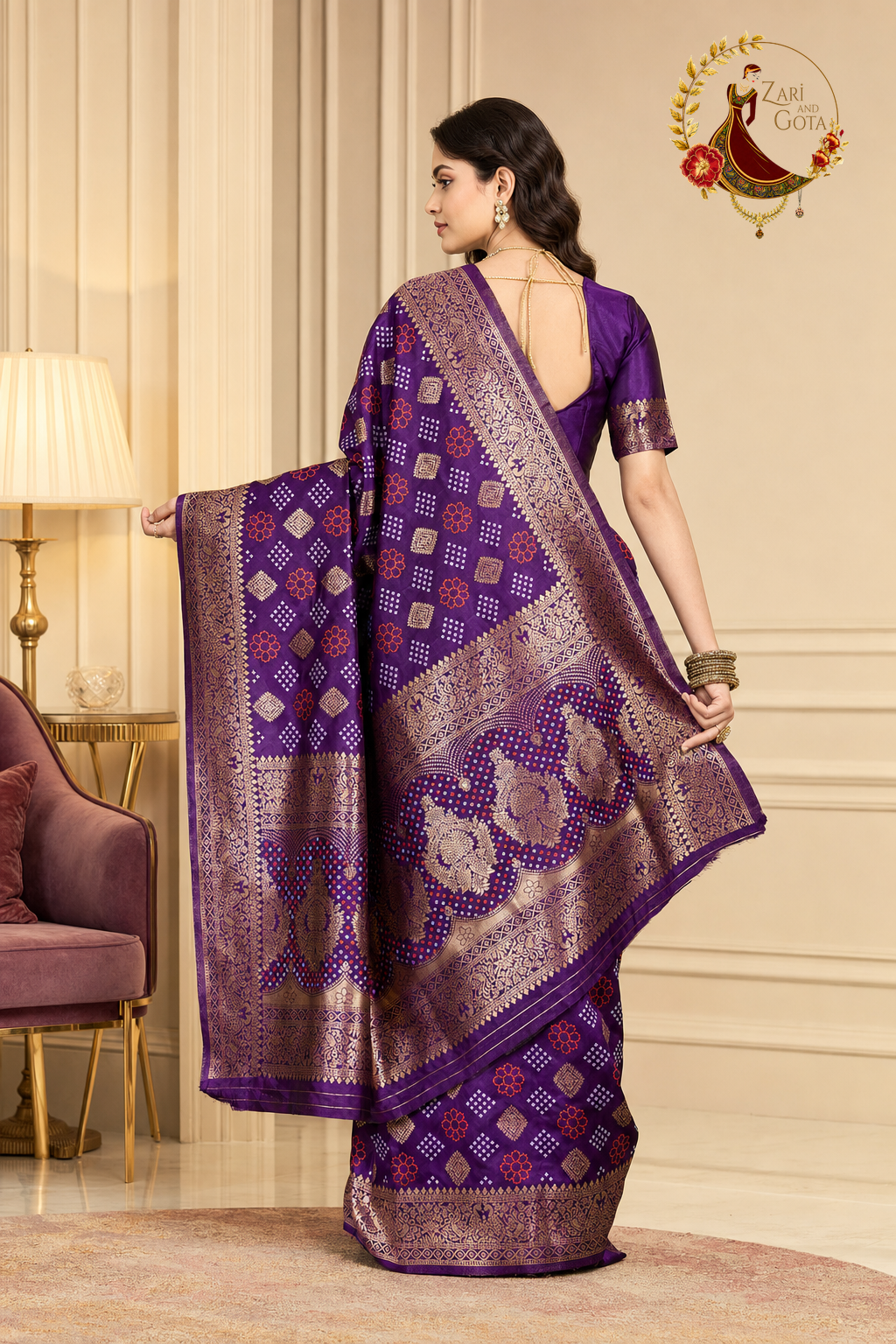 Back view of the purple Banarasi saree and its antique gold zari pallu panel