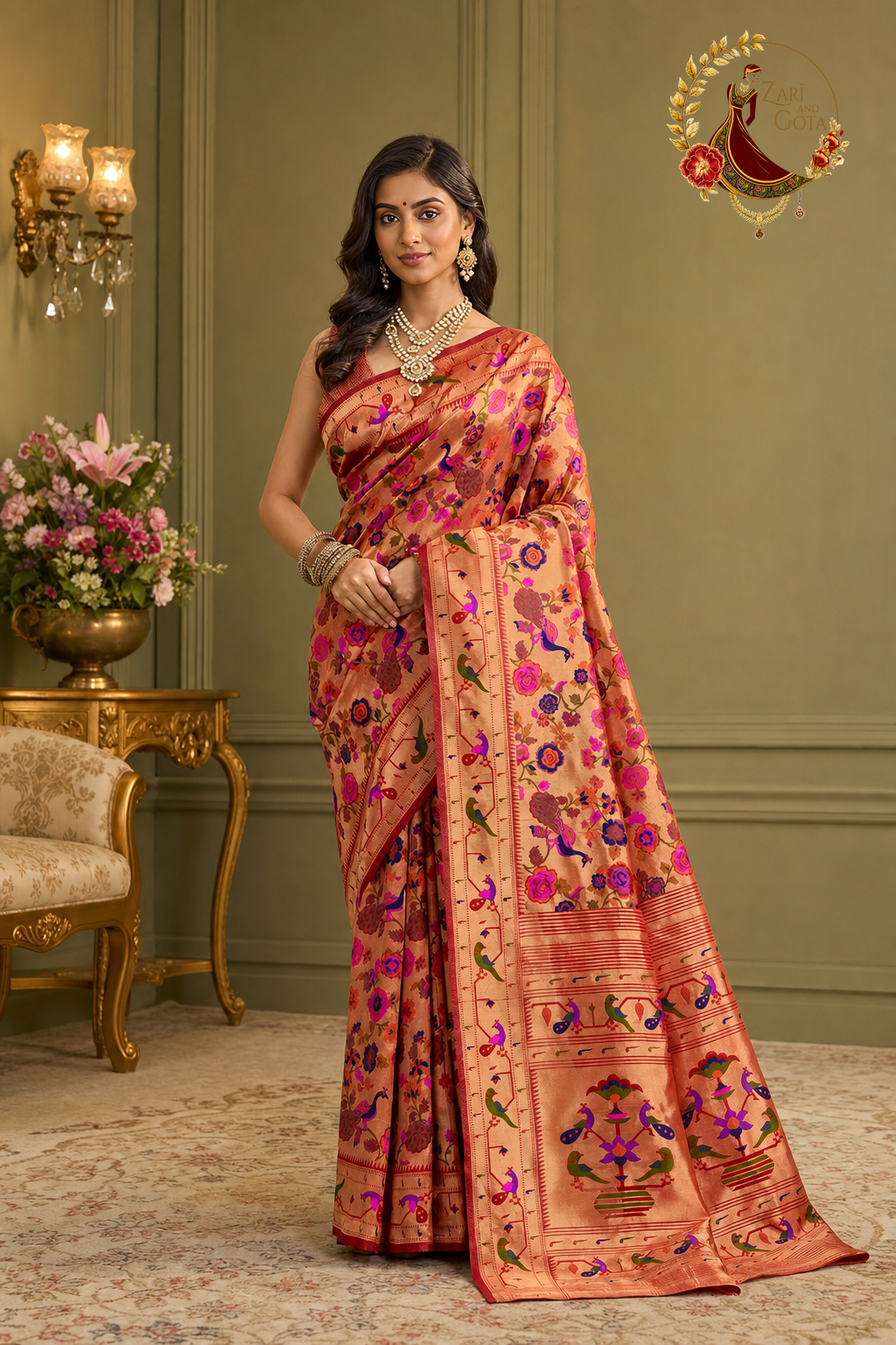 Rust Banarasi silk saree with gold zari peacock and lotus motifs, worn by a model