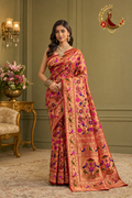 Rust Banarasi silk saree with gold zari peacock and lotus motifs, worn by a model