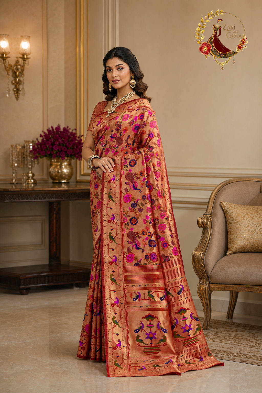 Side view of copper Banarasi silk saree showing zari border and pallu panels