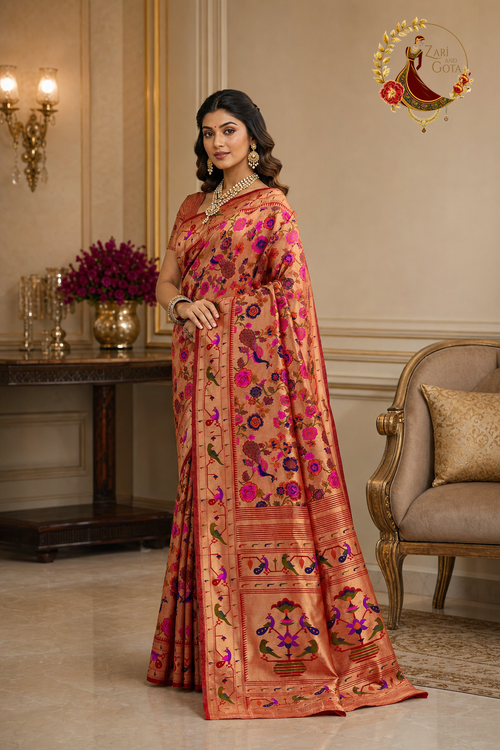 Side view of copper Banarasi silk saree showing zari border and pallu panels