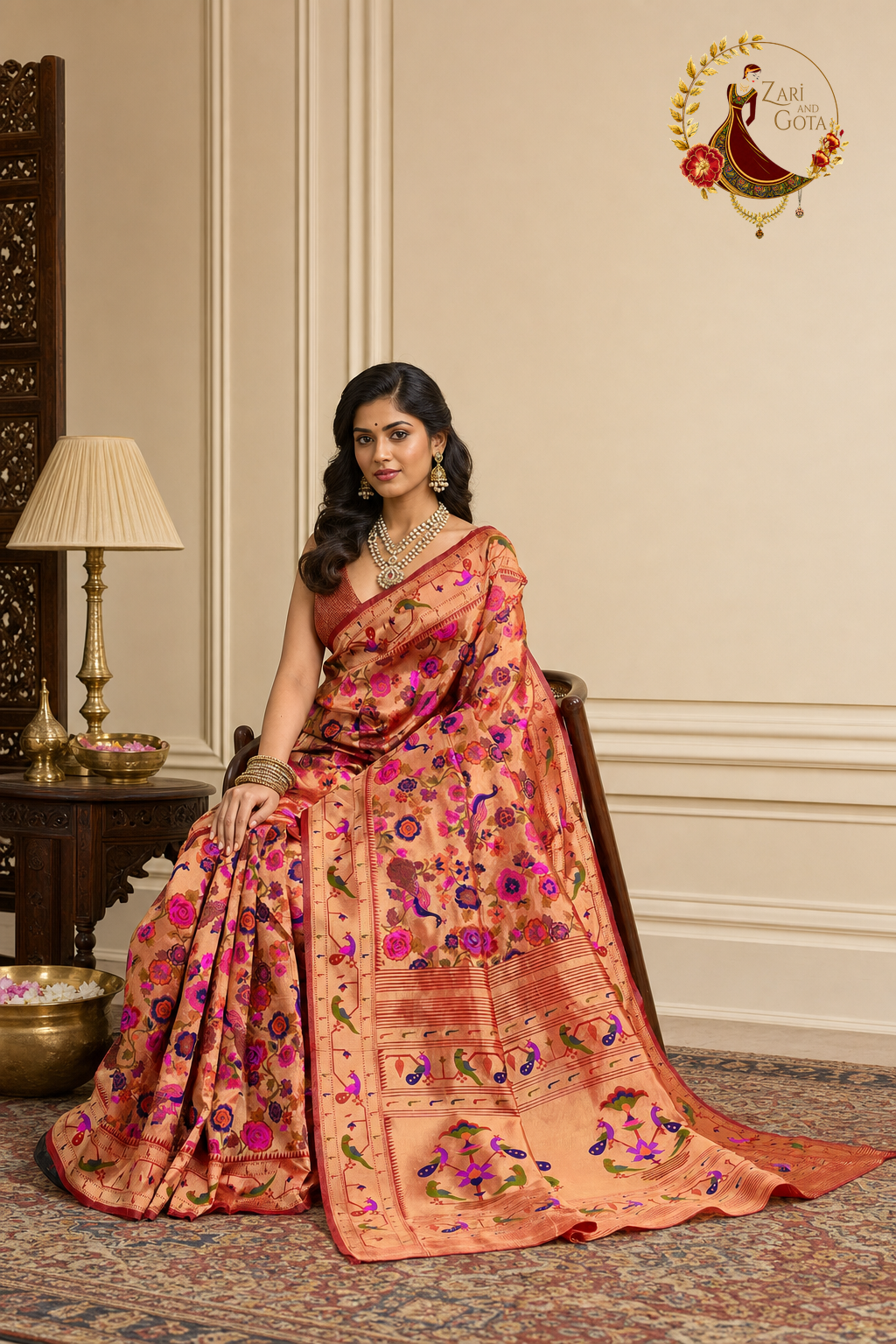 Seated view of rust Banarasi saree showing multicoloured peacock and parrot motifs