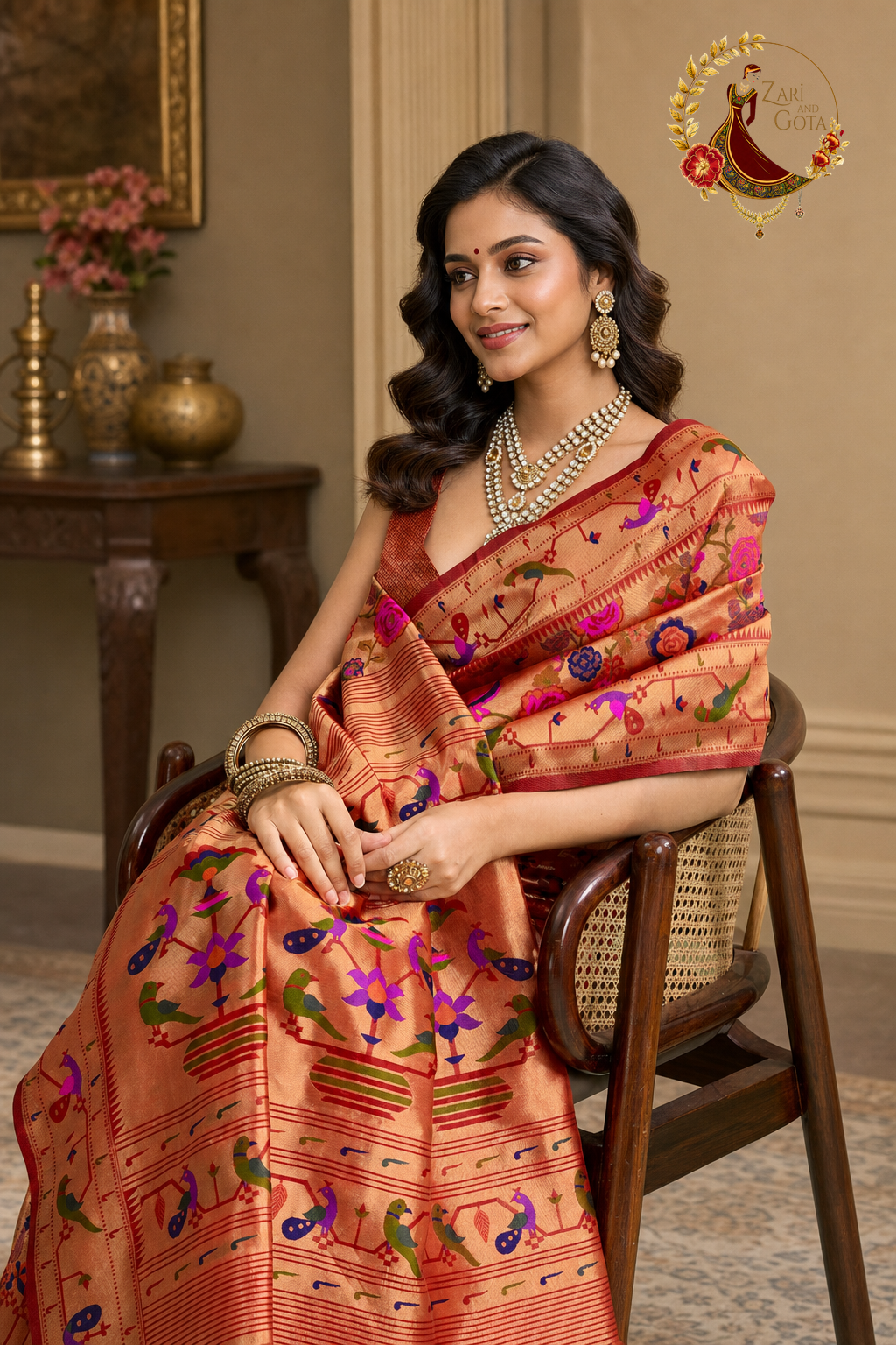 Close view of lotus and bird motifs in magenta and green on gold zari silk