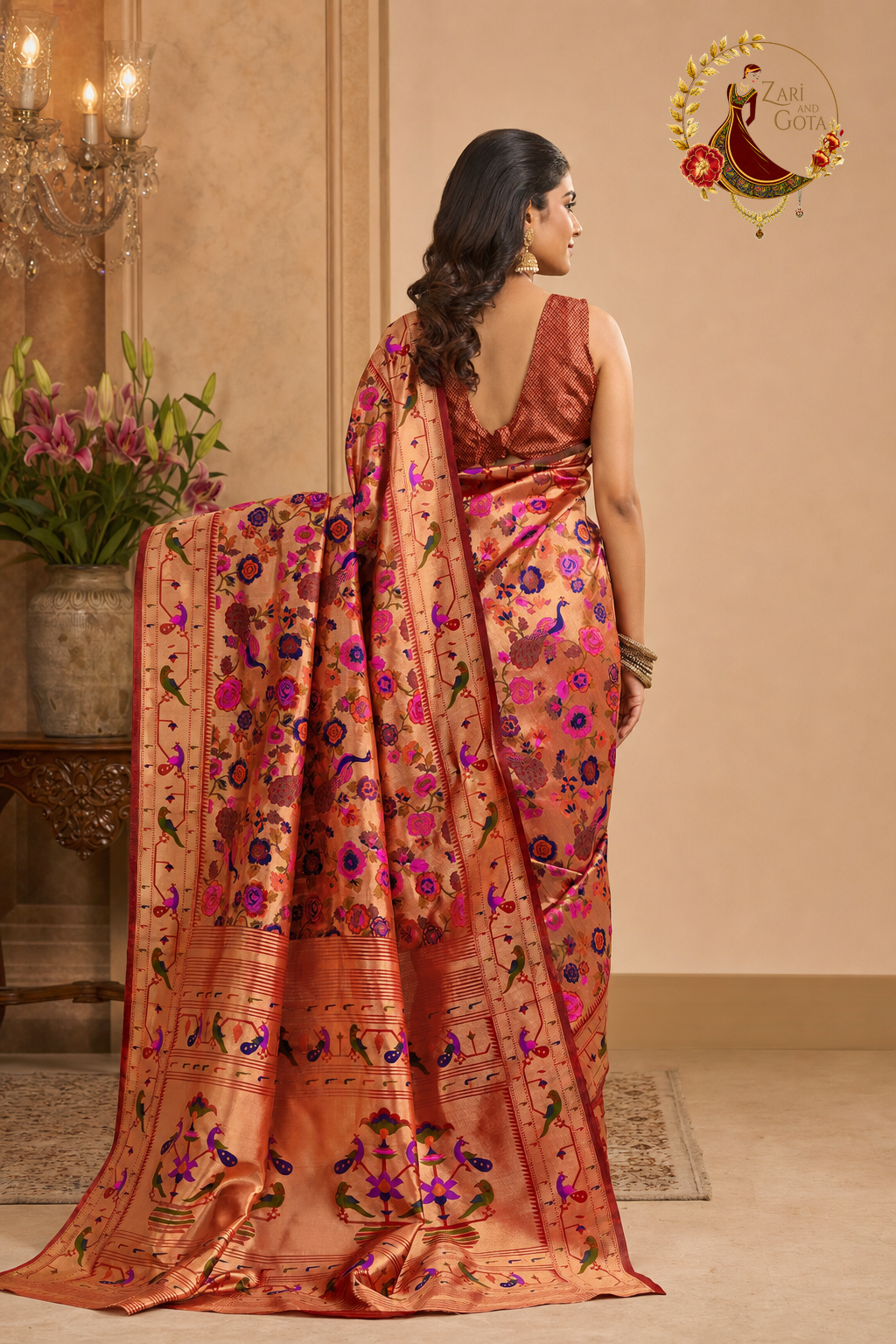 Back view of rust Banarasi silk saree showing the full zari patterned pallu