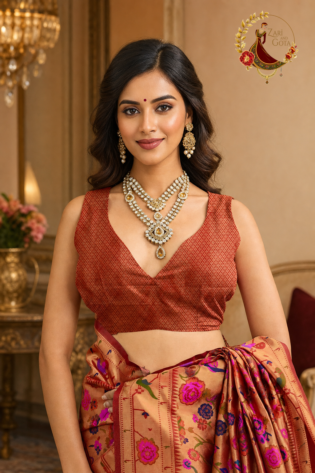 Detail of rust blouse with woven self-pattern supplied with the Banarasi saree
