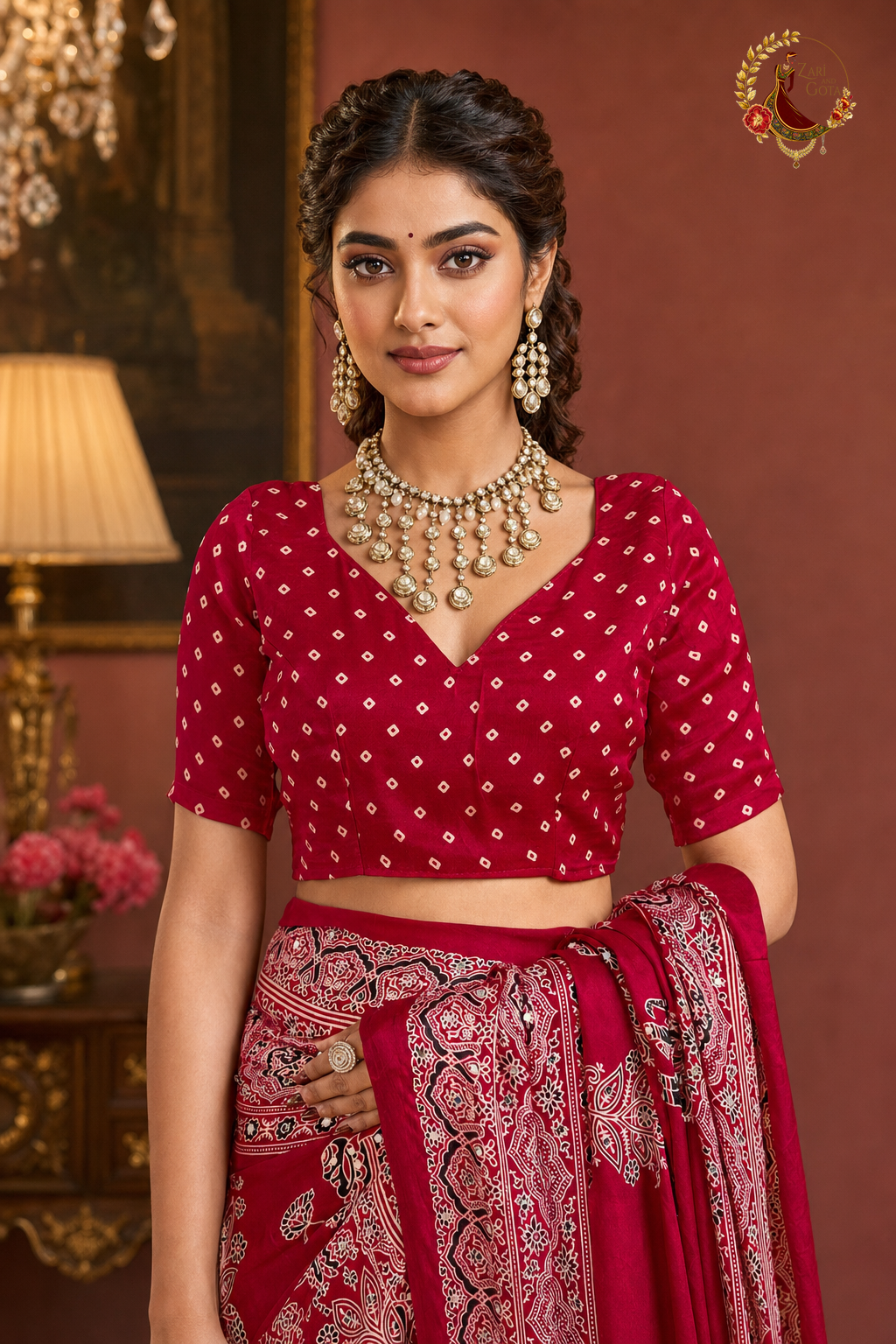Detail of red bandhani print blouse piece on Gaji silk ajrakh saree