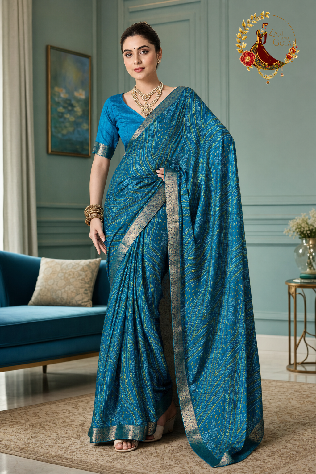 Turquoise blue moss chiffon saree with bandhani print and zari border, worn by a model