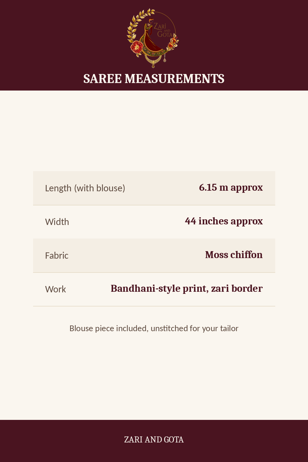 Size chart for the turquoise moss chiffon saree: 6.15 m length, 44 inch width