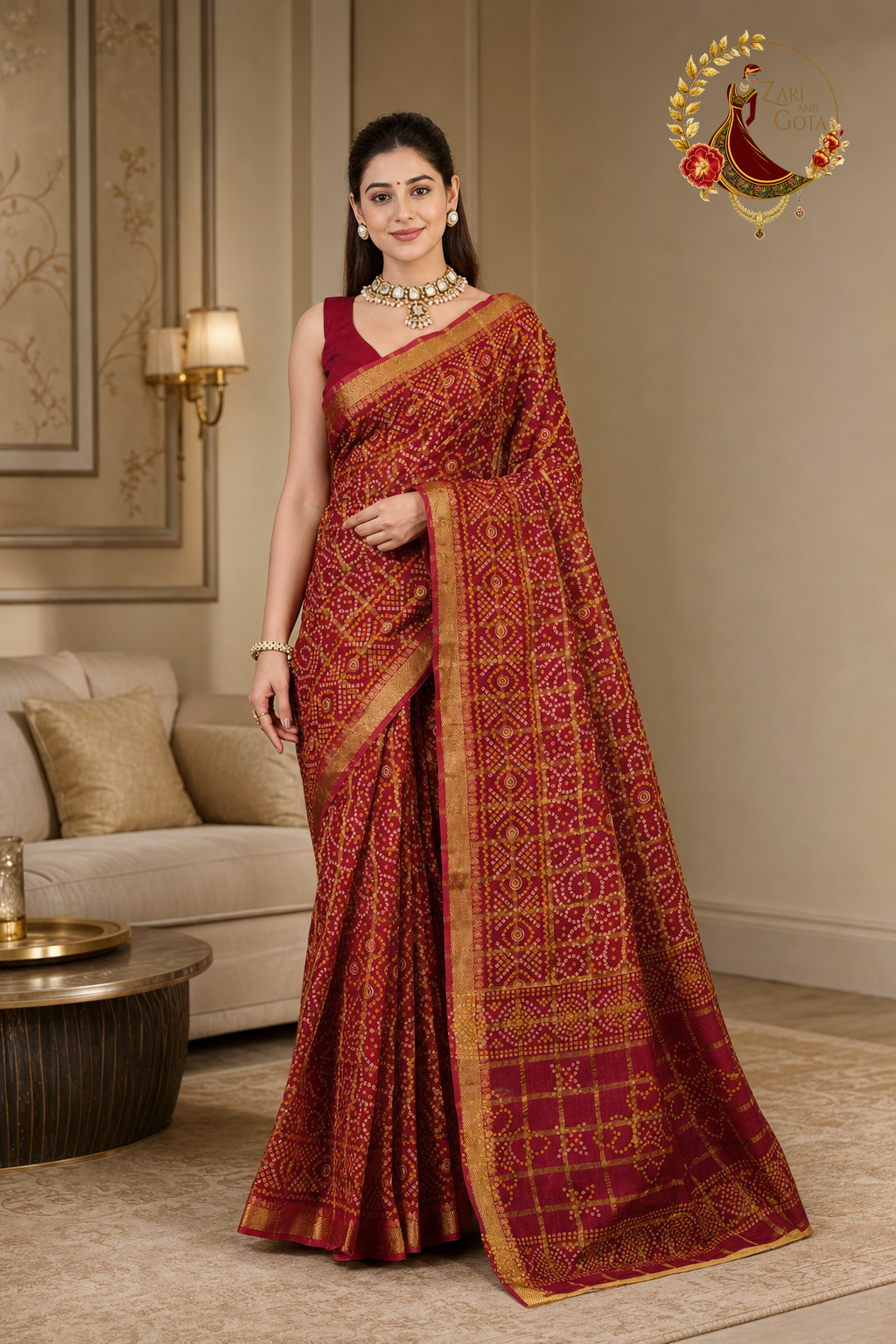 Deep red cotton silk ghatchola saree with gold zari grid, worn by a model