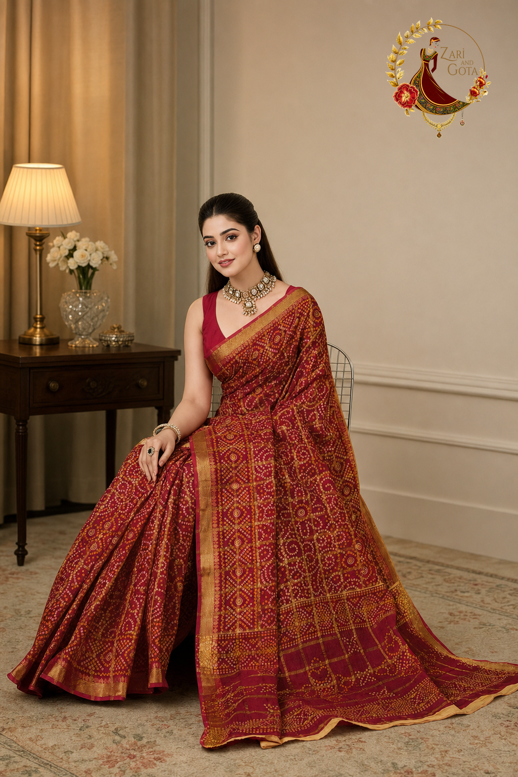 Red cotton silk ghatchola saree with the drape spread out