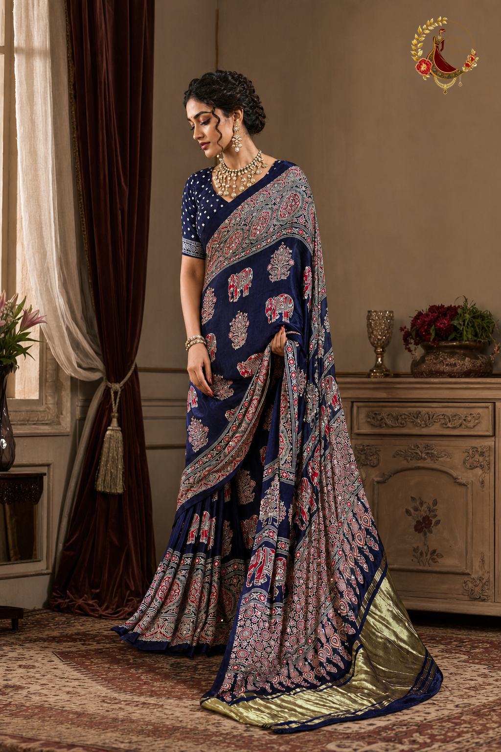 Side view of navy ajrakh print saree showing elephant and tree-of-life motifs