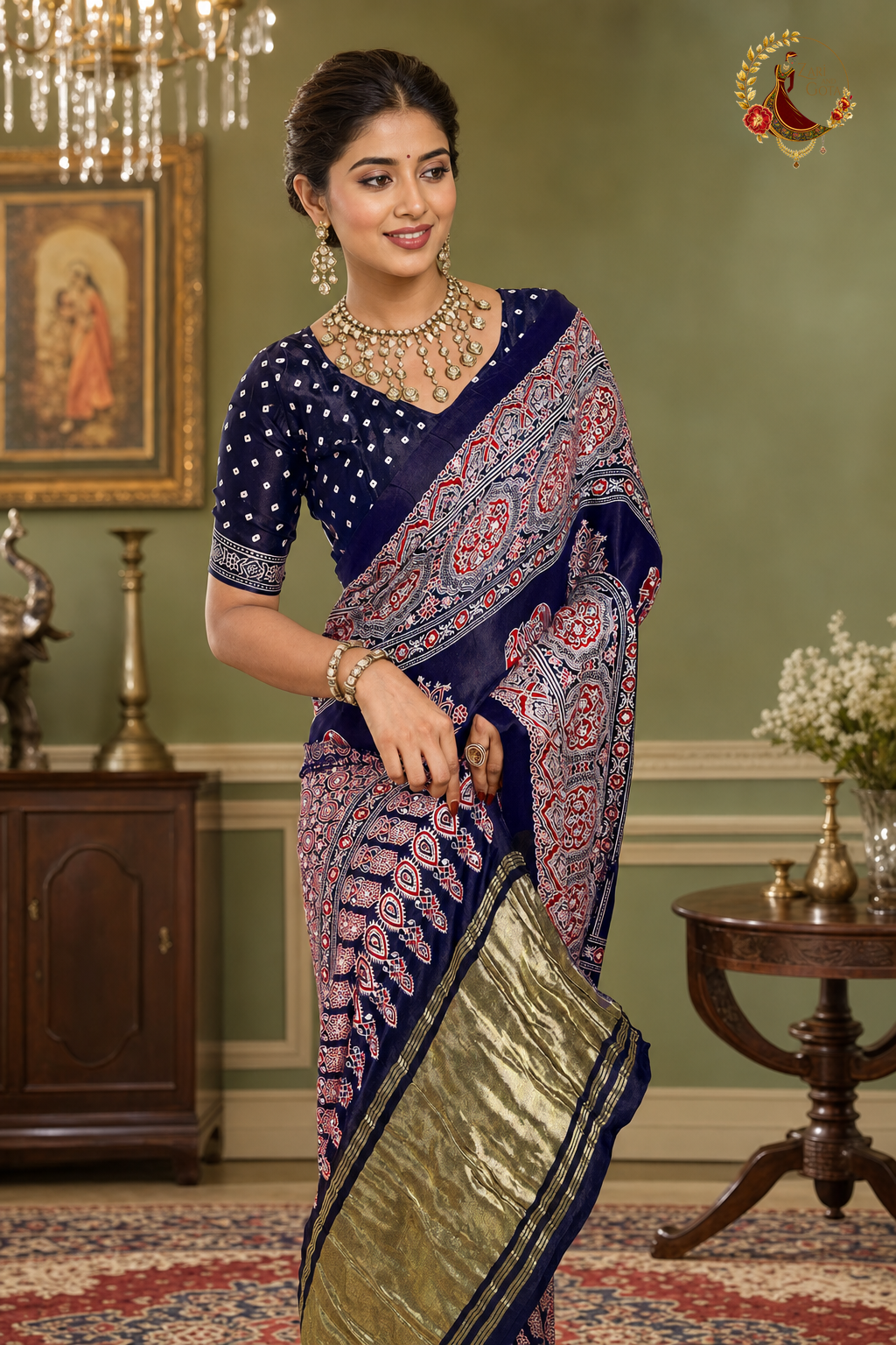 Close view of navy Gaji silk saree pallu with ajrakh block print and bandhani blouse