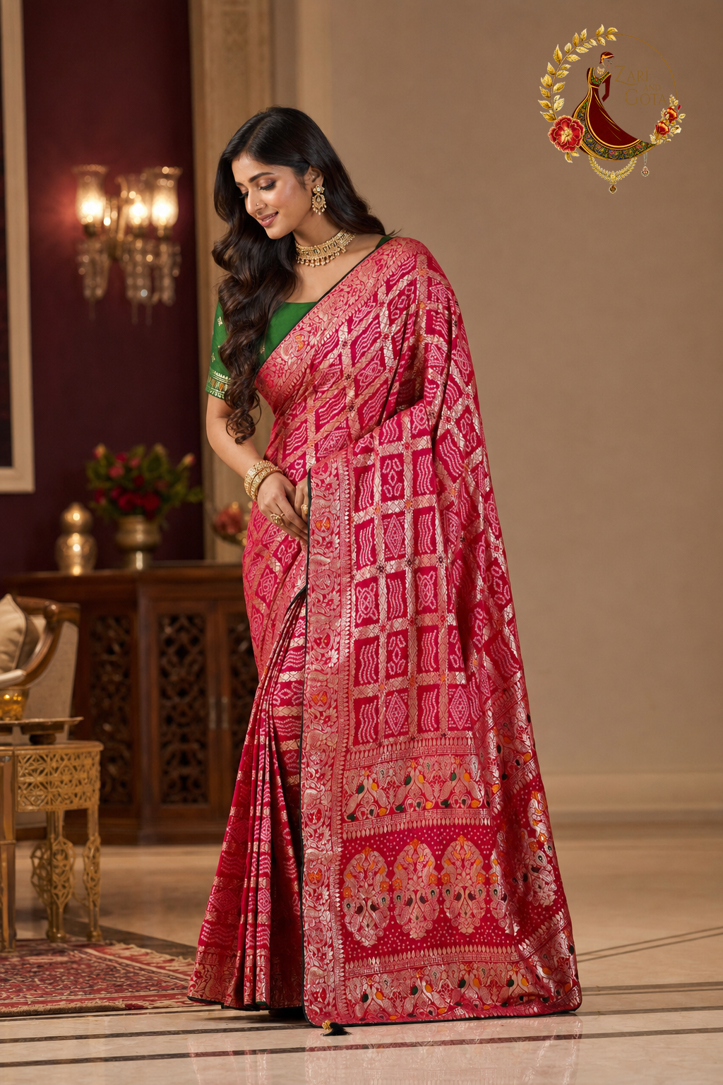 Rose pink upada silk ghatchola saree with gold zari grid and meenakari florals, worn by a model