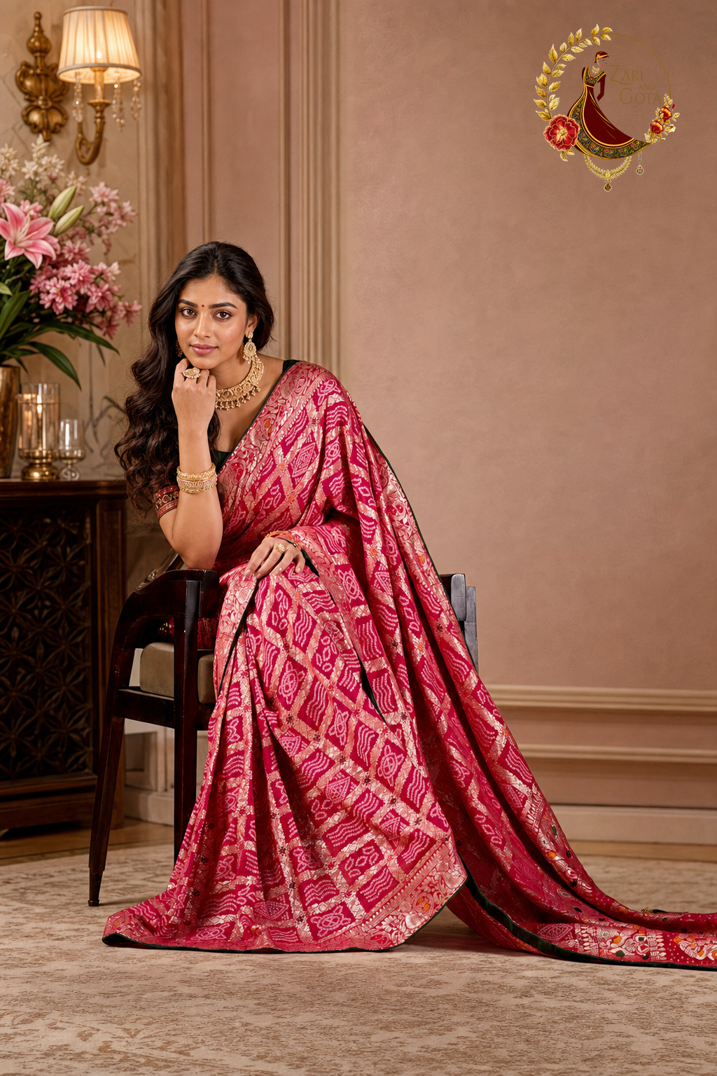 Seated view of pink ghatchola saree showing zari grid and bandhani dot clusters