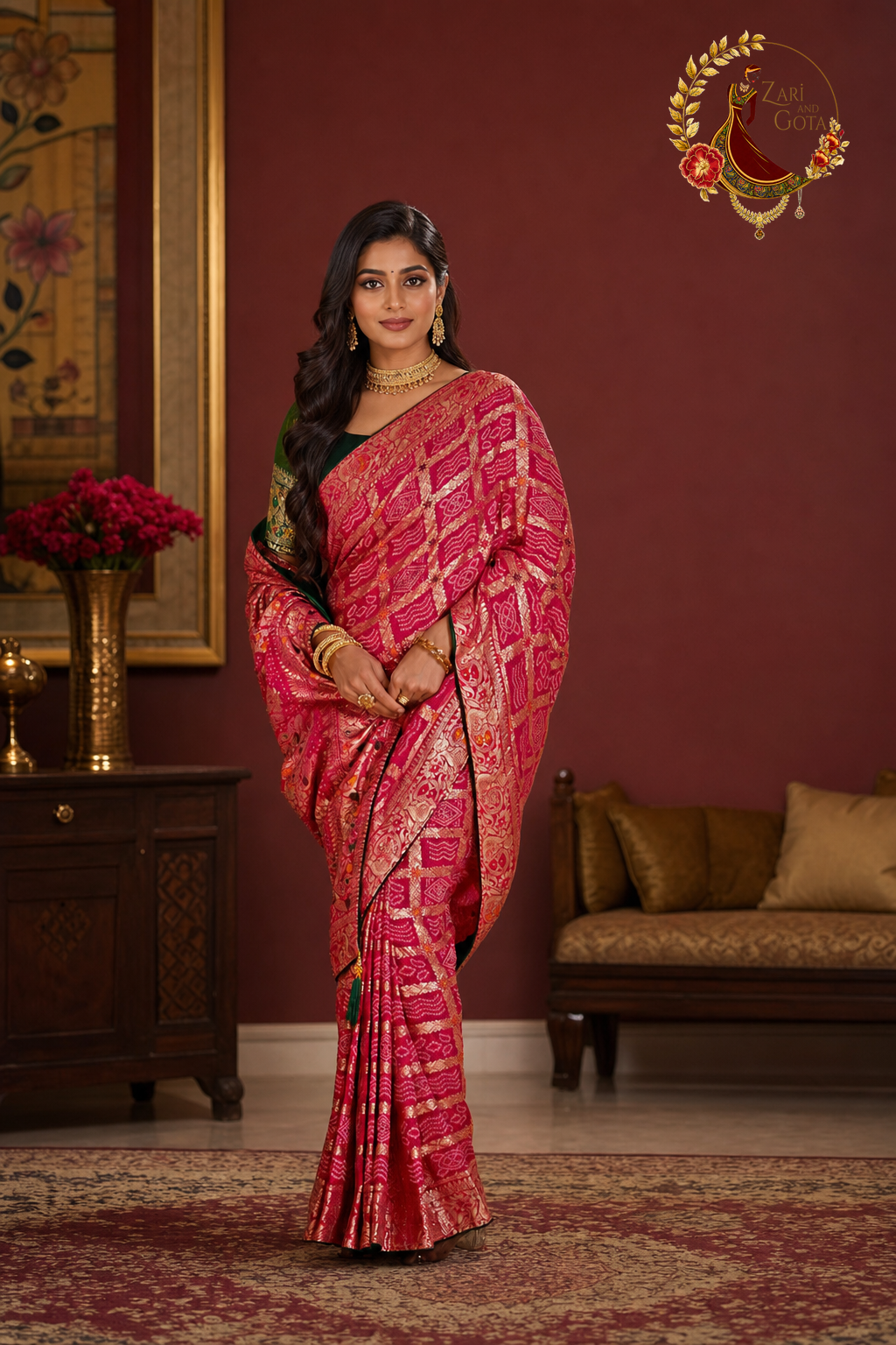 Full length view of rose pink upada silk ghatchola saree with green blouse