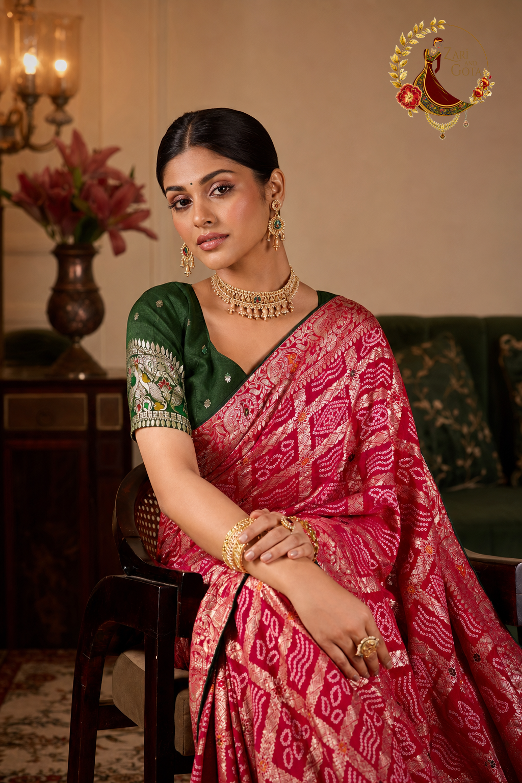 Close view of meenakari floral motifs and gold zari grid on pink upada silk
