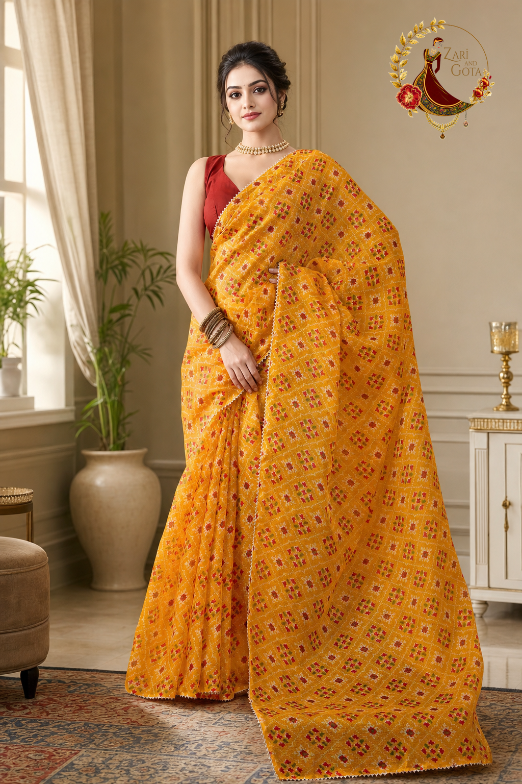Marigold yellow patola print kota doria saree drape from the side
