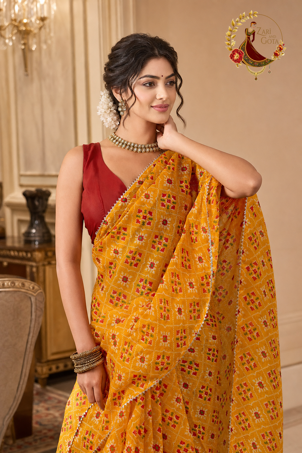 Close view of the patola diamond grid and florals on marigold kota doria
