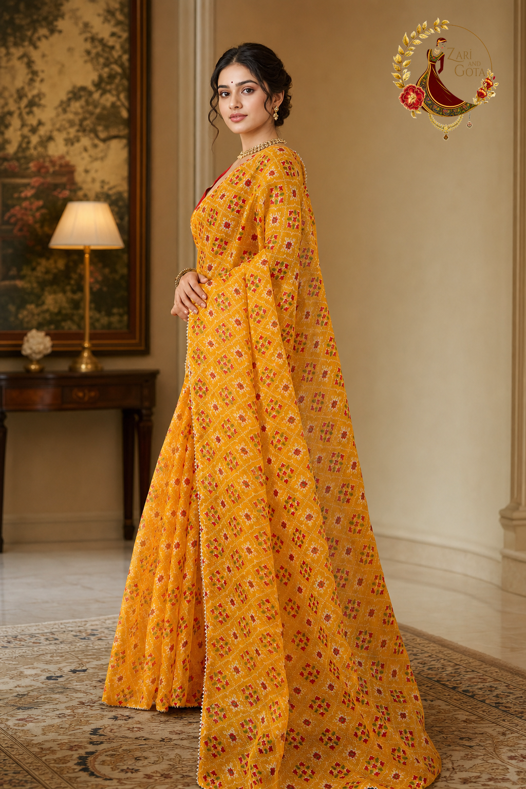 Marigold yellow kota doria saree showing the sheer pleated drape