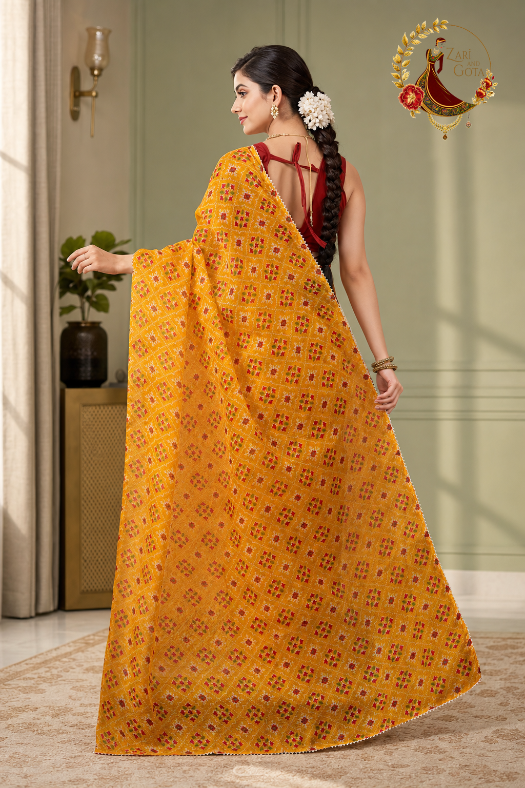 Back view of the marigold yellow kota doria saree showing the full pallu