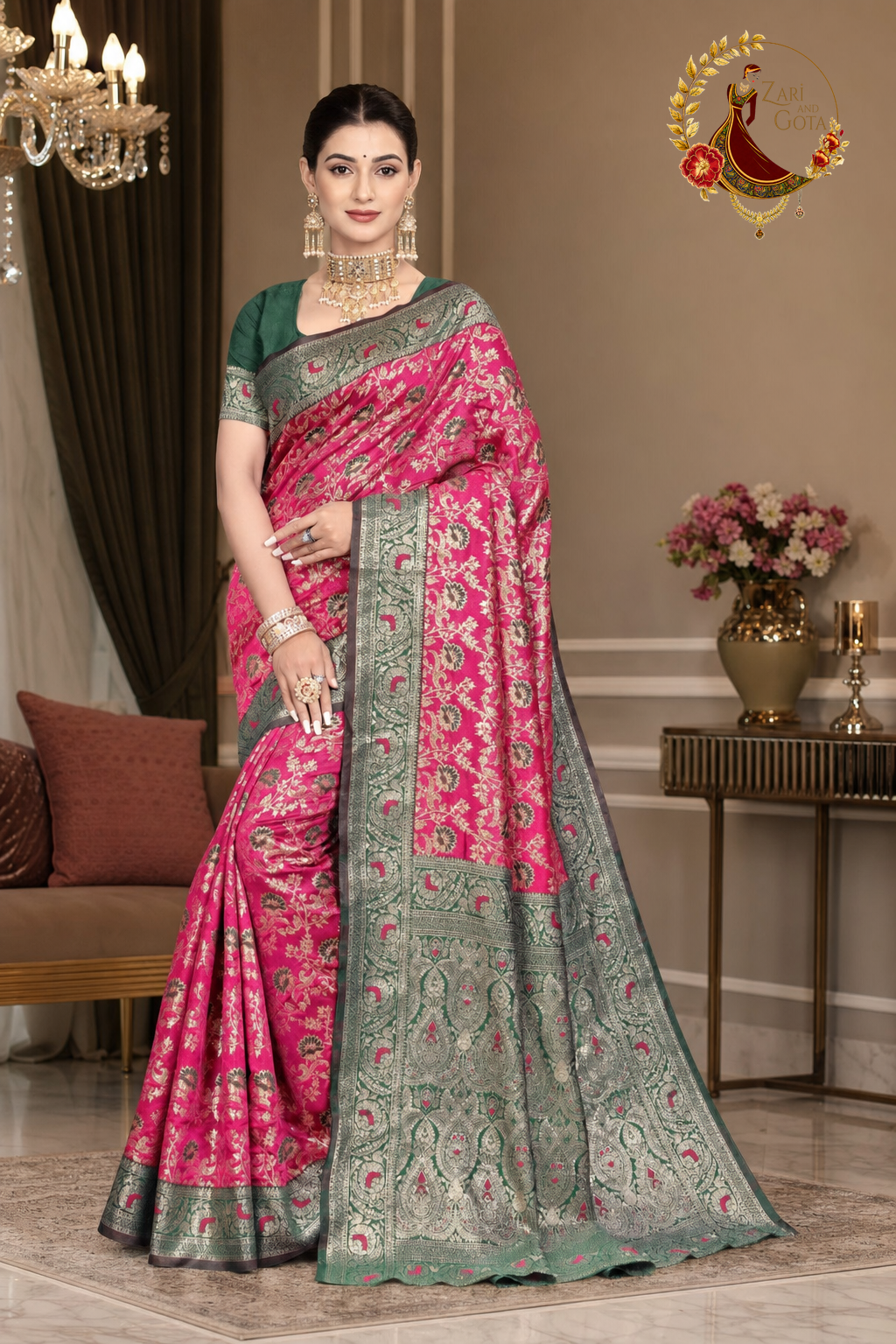 Rani pink Banarasi silk saree with sage green zari contrast border, worn by a model