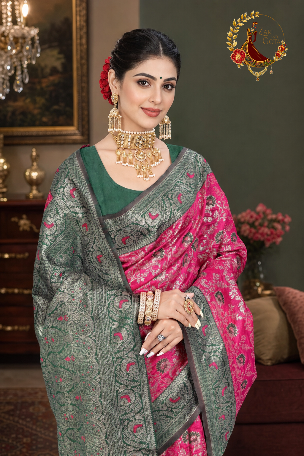 Close view of the zari floral jaal and the sage green woven border