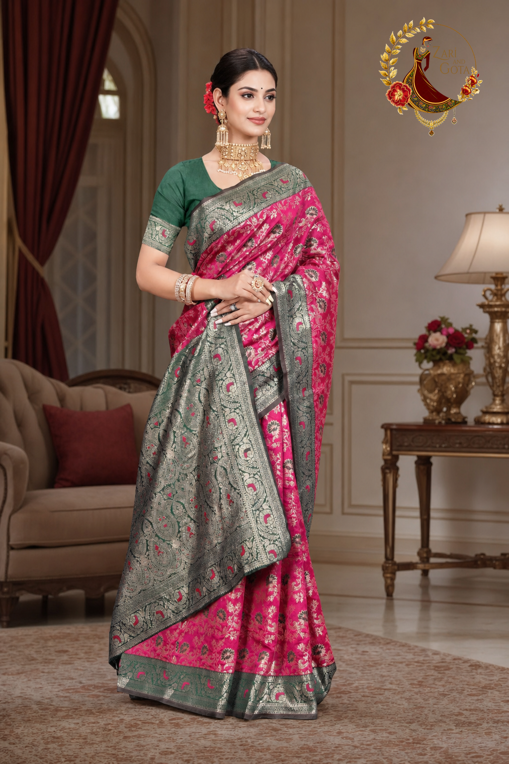 Rani pink Banarasi saree showing the sage green pallu draped forward