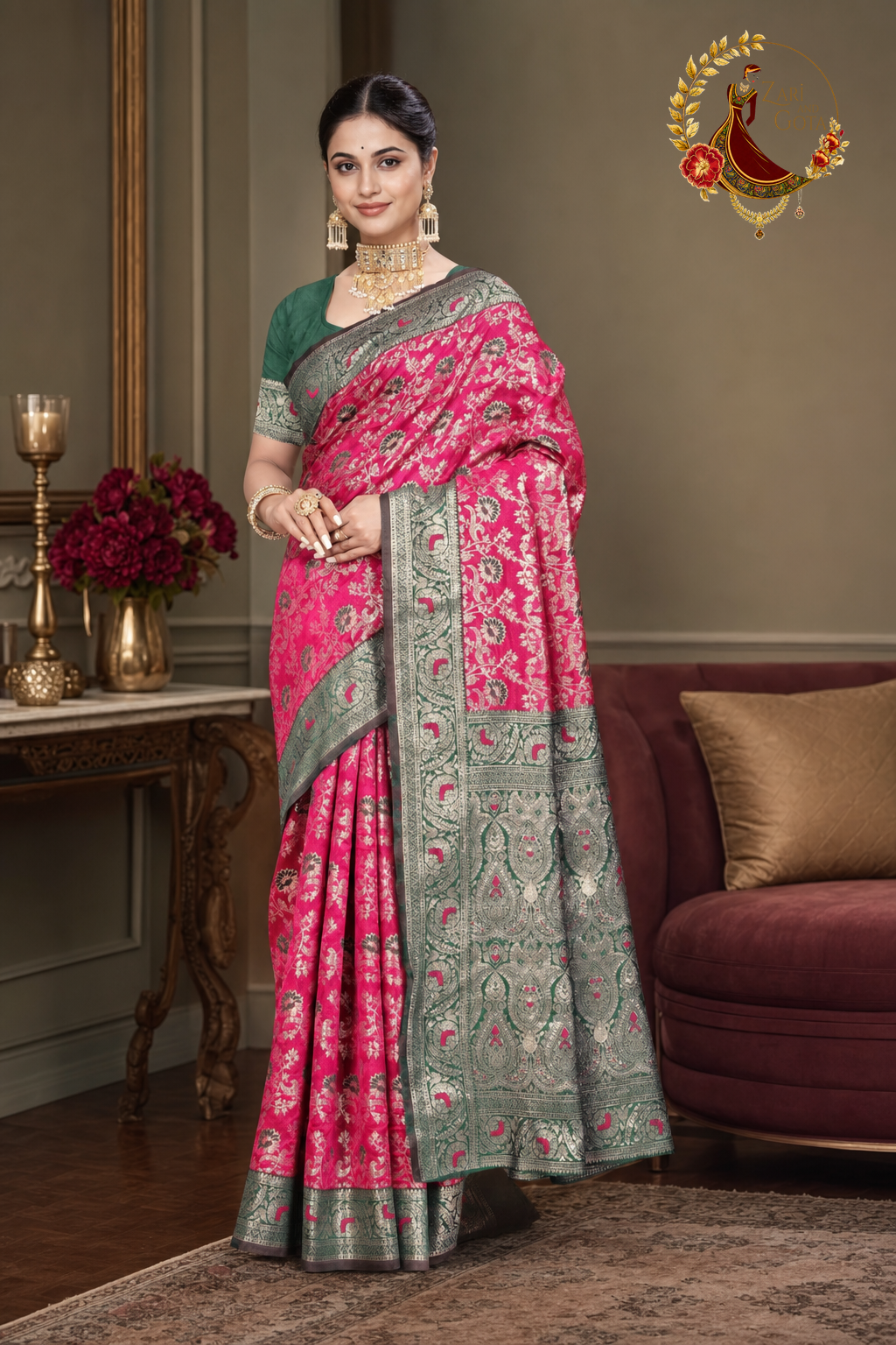 Front view of the rani pink zari saree with the contrast border at the hem