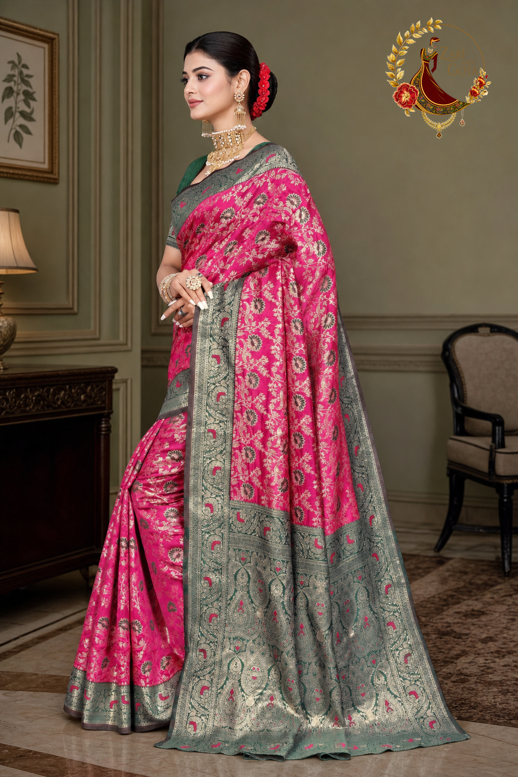 Detail of the rani pink zari weave beside the bottle green blouse