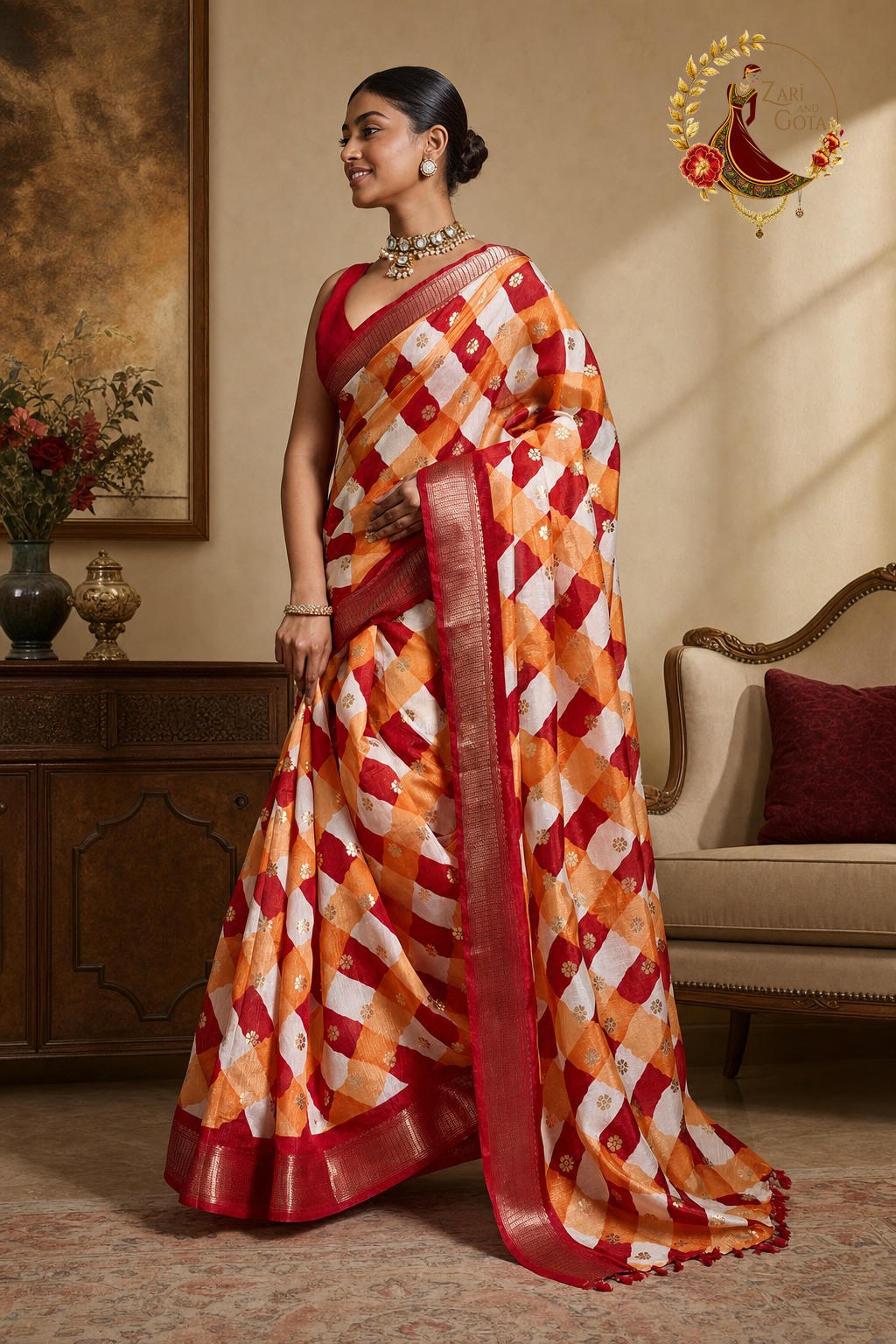 Side view of leheriya check saree showing the red Banarasi zari border