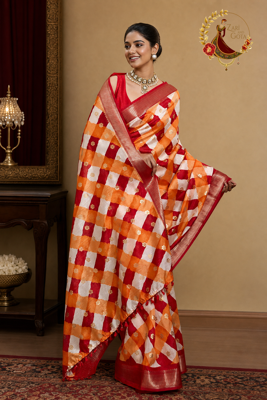 Leheriya check saree draped showing diagonal red orange and ivory squares