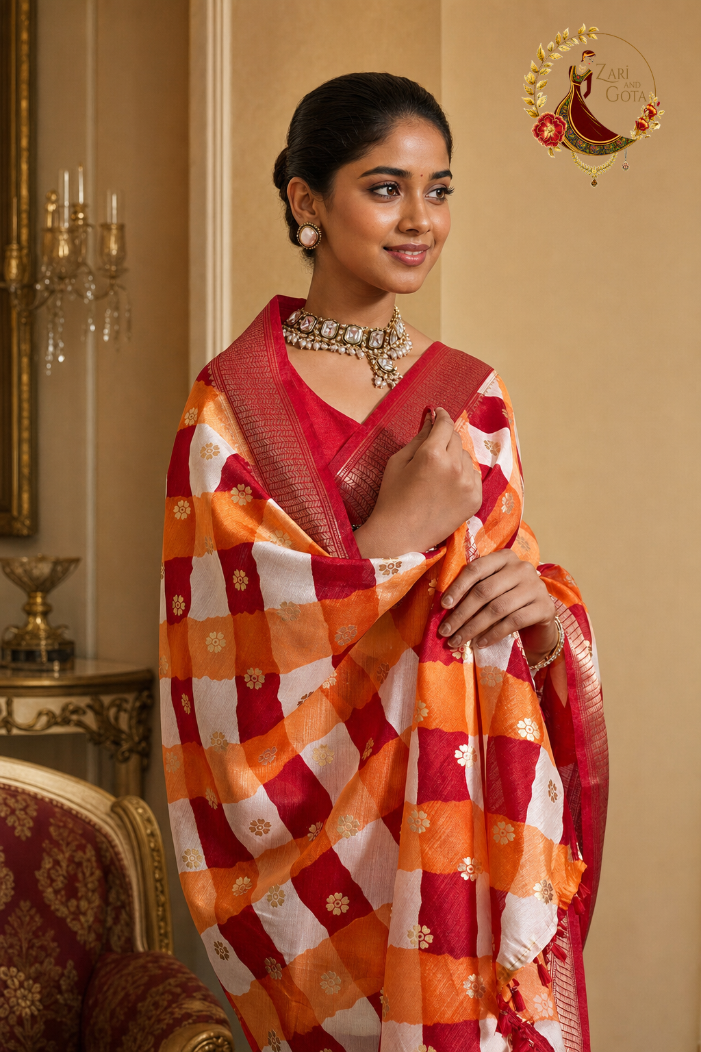 Close view of gold foil floral motifs on leheriya check cotton silk