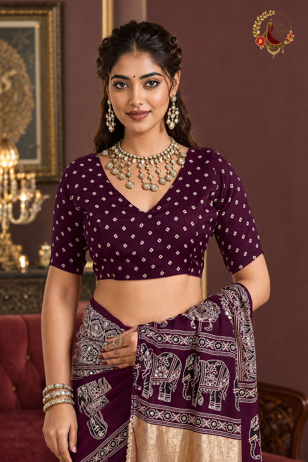 Detail of plum bandhani print blouse piece on Gaji silk ajrakh saree