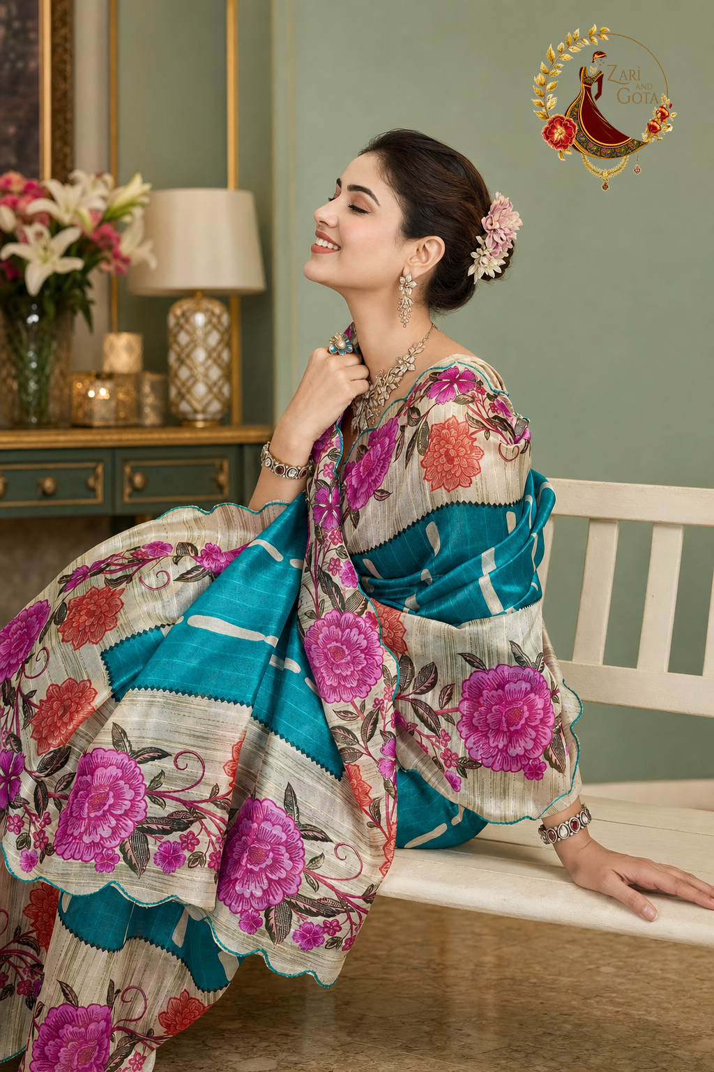 Teal tissue silk floral print saree with scalloped border, worn by a model seated on a bench