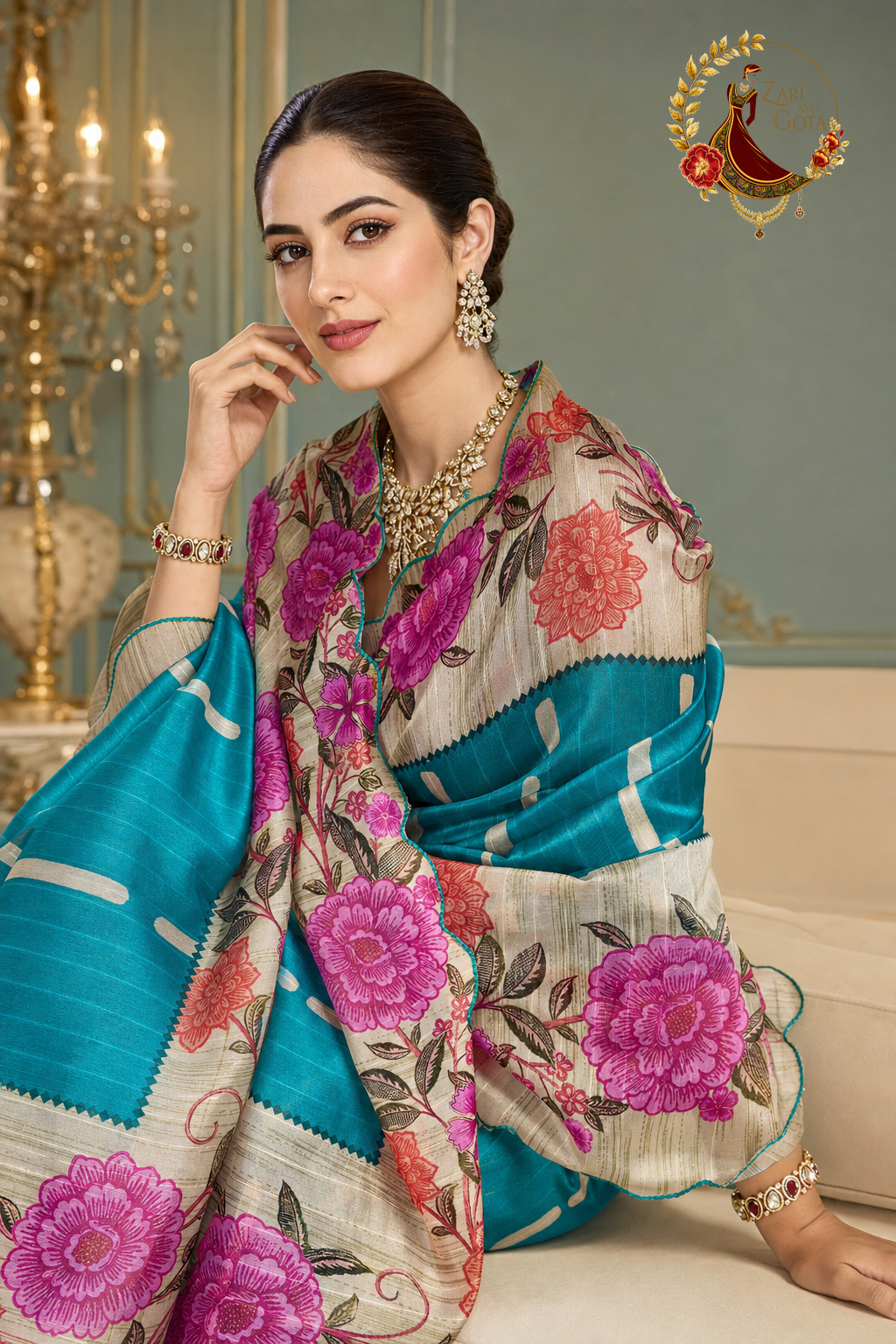 Close view of the floral print border and pallu of the teal tissue silk saree
