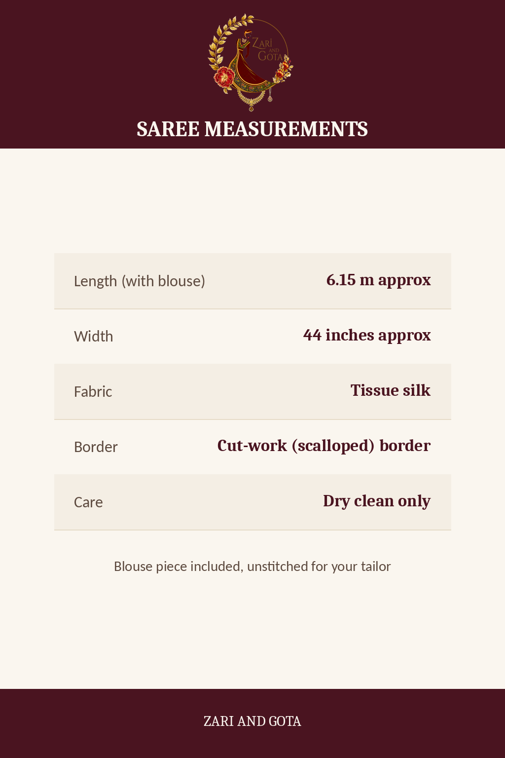 Saree measurements: 6.15 m length with blouse, 44 inch width, tissue silk, dry clean only