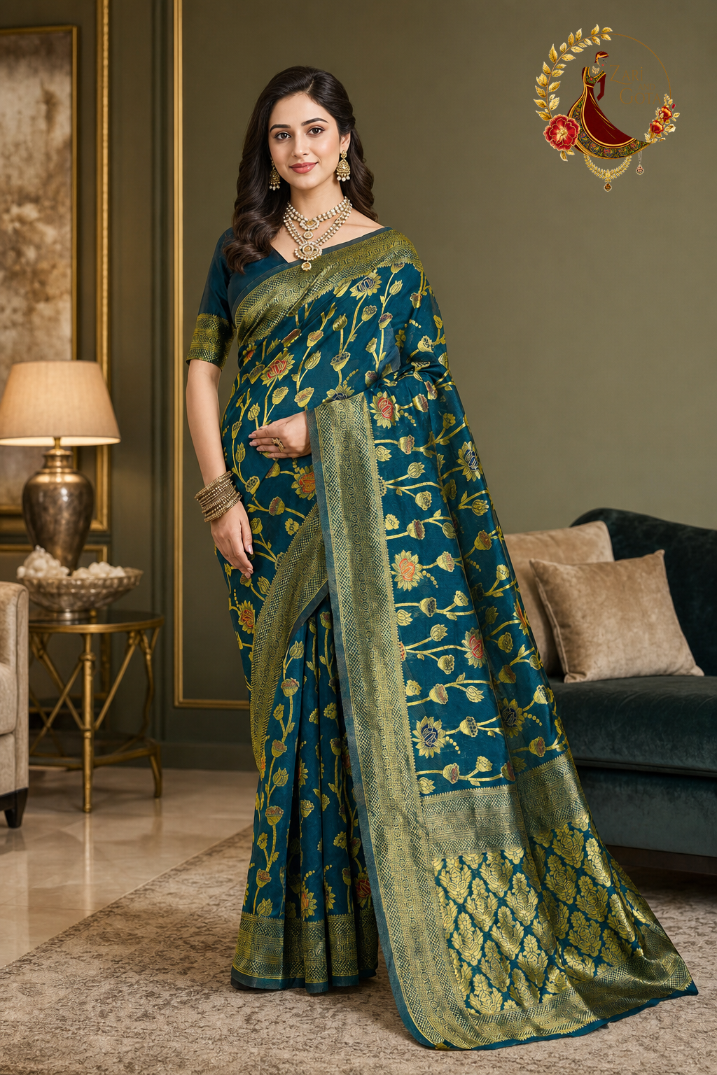 Peacock teal cotton silk saree with woven gold zari floral jaal, worn by a model