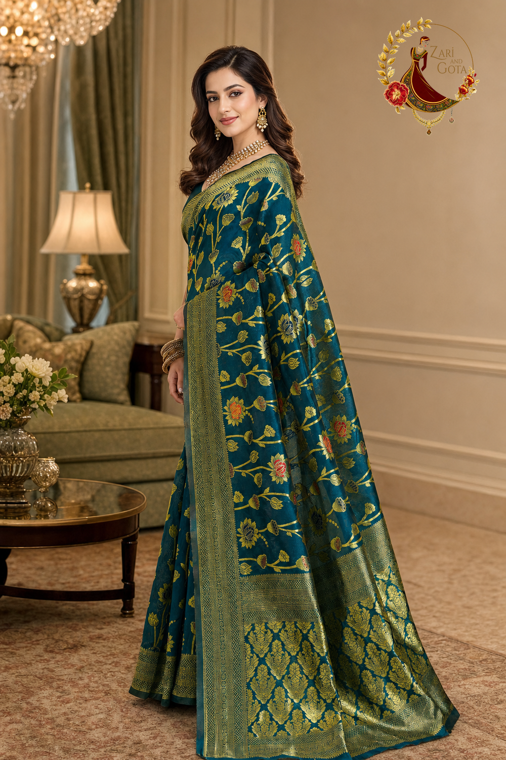 Side view of the teal zari woven saree showing the gold border
